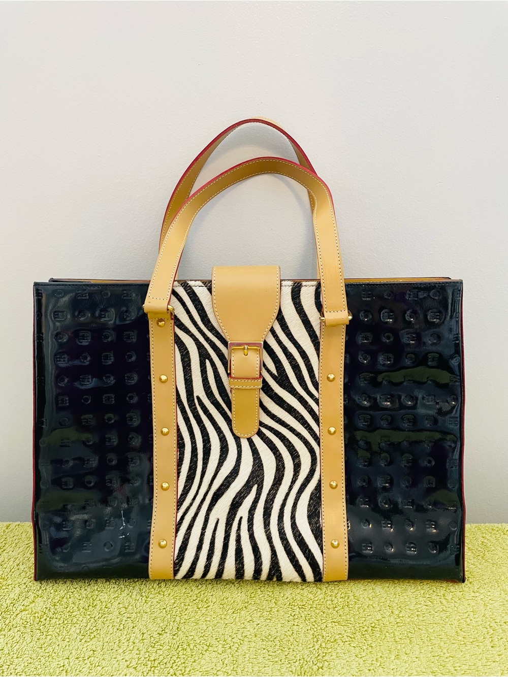 Beautiful embossed black patent leather/tan leather tote with zebra pony hair